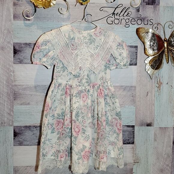 Gunne Sax Jessica McClintock Vintage Pastel Girls Floral Lace Front Dress, Sz 7? - Picture 2 of 7